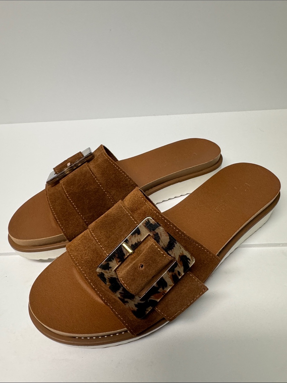 Cristina Francini Brown Suede Slide Sandals with Leopard Buckle Size 6.5